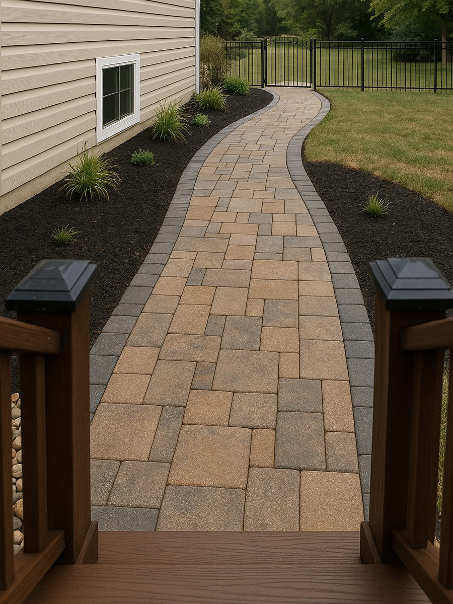 Curved interlocking paver walkway with a charcoal soldier-course border running between mulch beds alongside a home